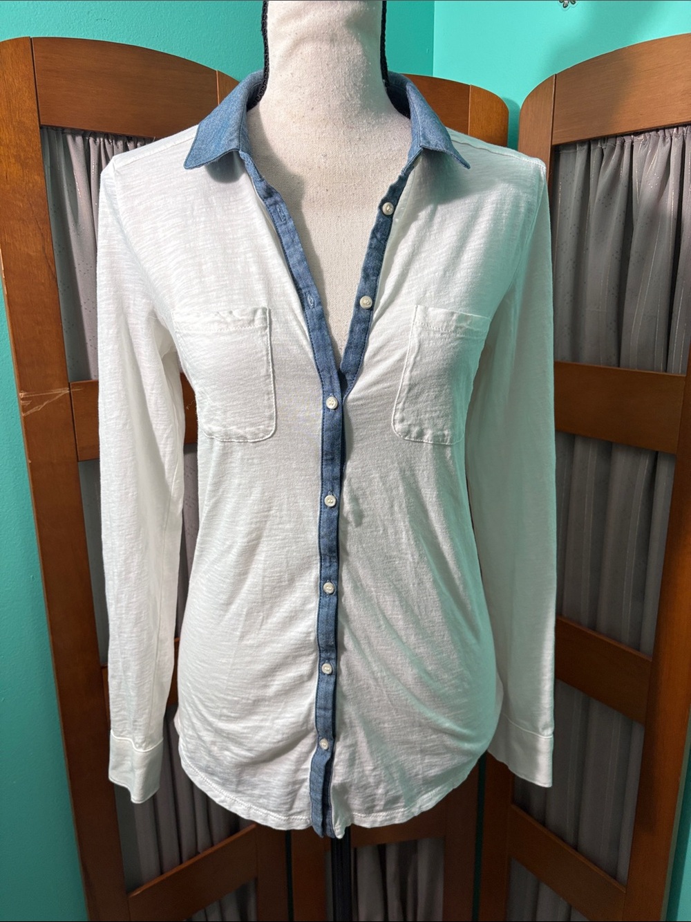 LOFT White Button-Down Shirt with Blue Chambray Trim